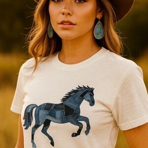Denim Patchwork Horse Tee • Western Graphic Shirt • Country Rodeo Boho Top